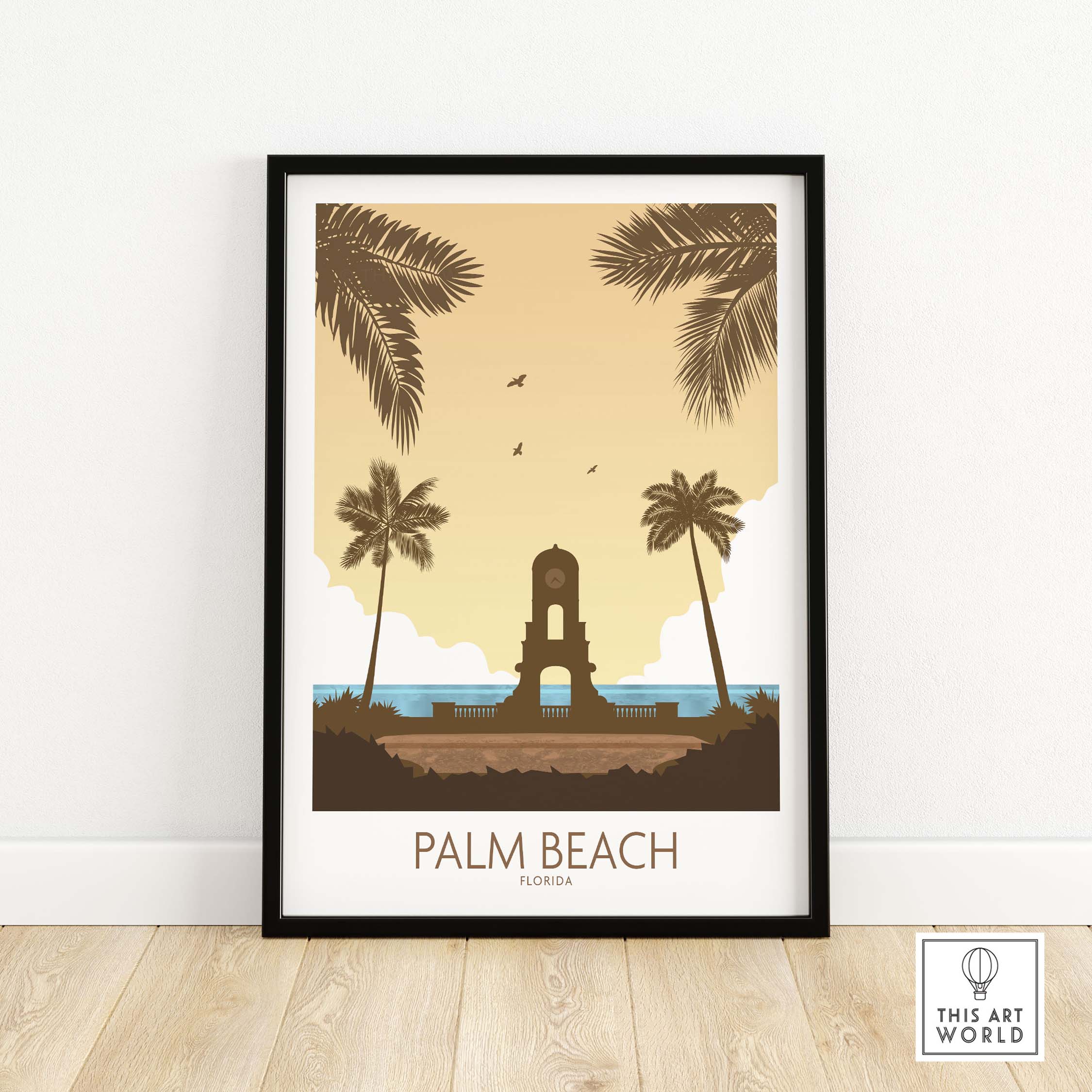 Palm Beach Wall Art print featuring vintage-inspired design with palms and coastal scenery.