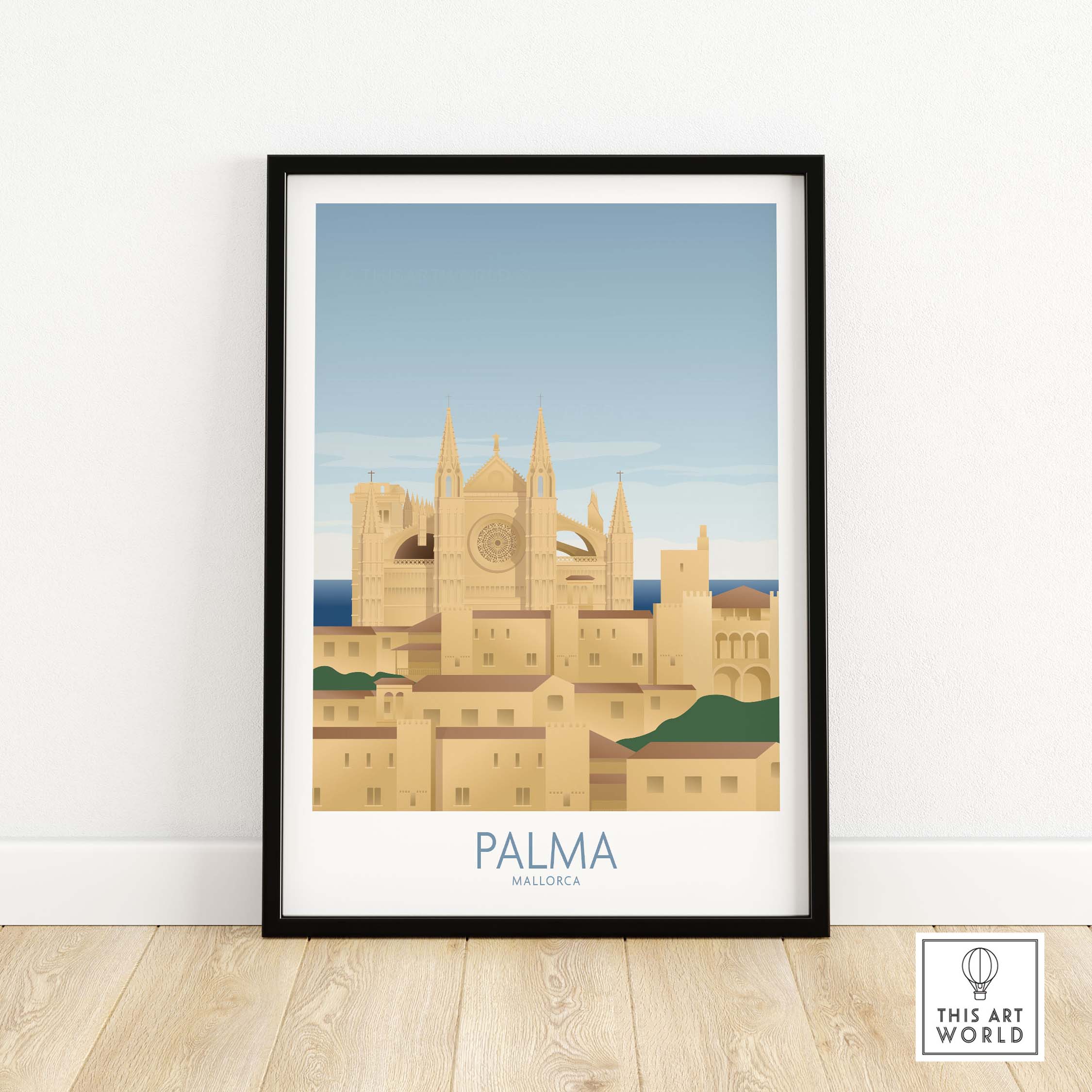Palma Mallorca wall art print featuring a vintage-inspired illustration of the city skyline.