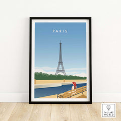 Paris wall art poster featuring the Eiffel Tower with a serene blue sky, perfect for home or office decor.