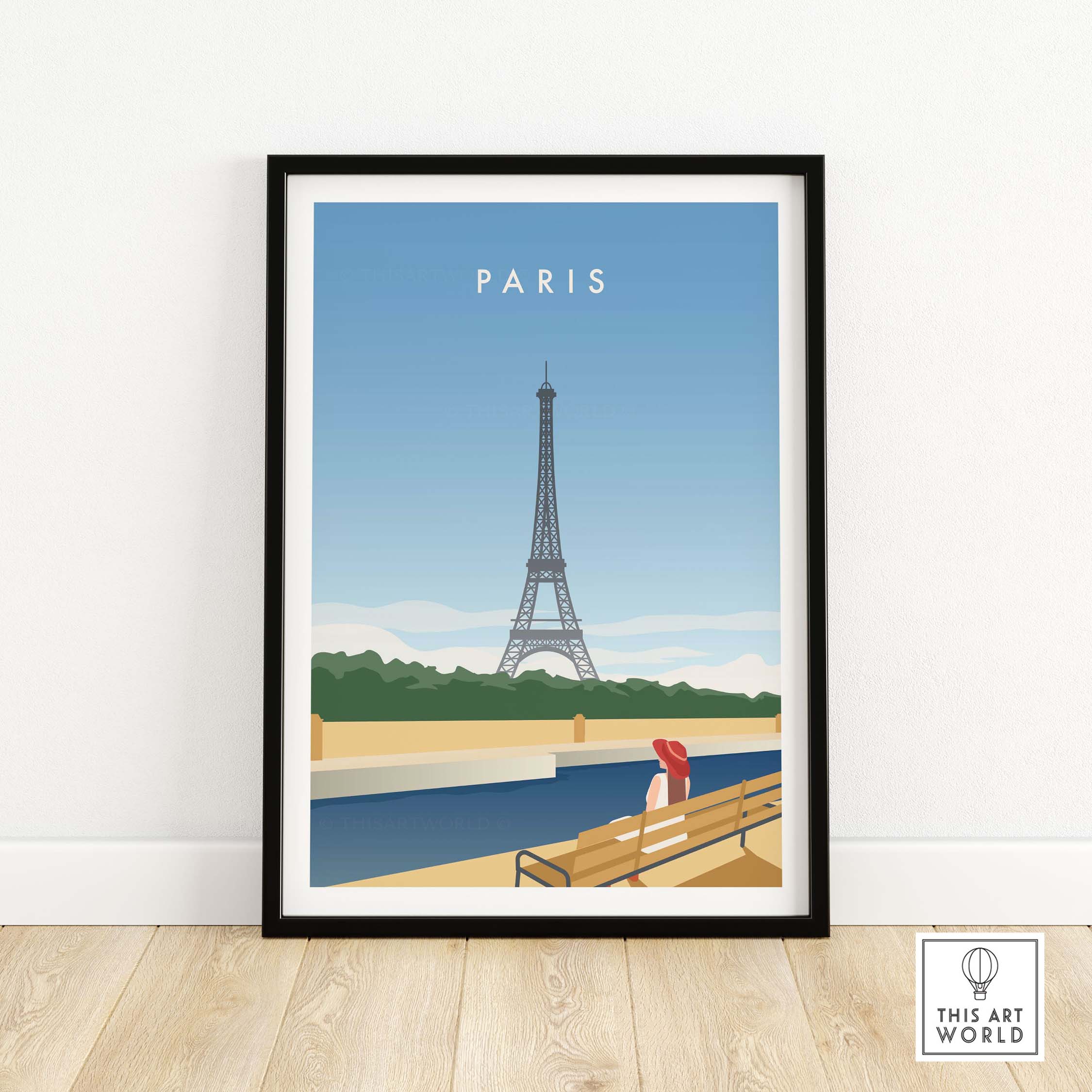 Paris wall art poster featuring the Eiffel Tower with a serene blue sky, perfect for home or office decor.