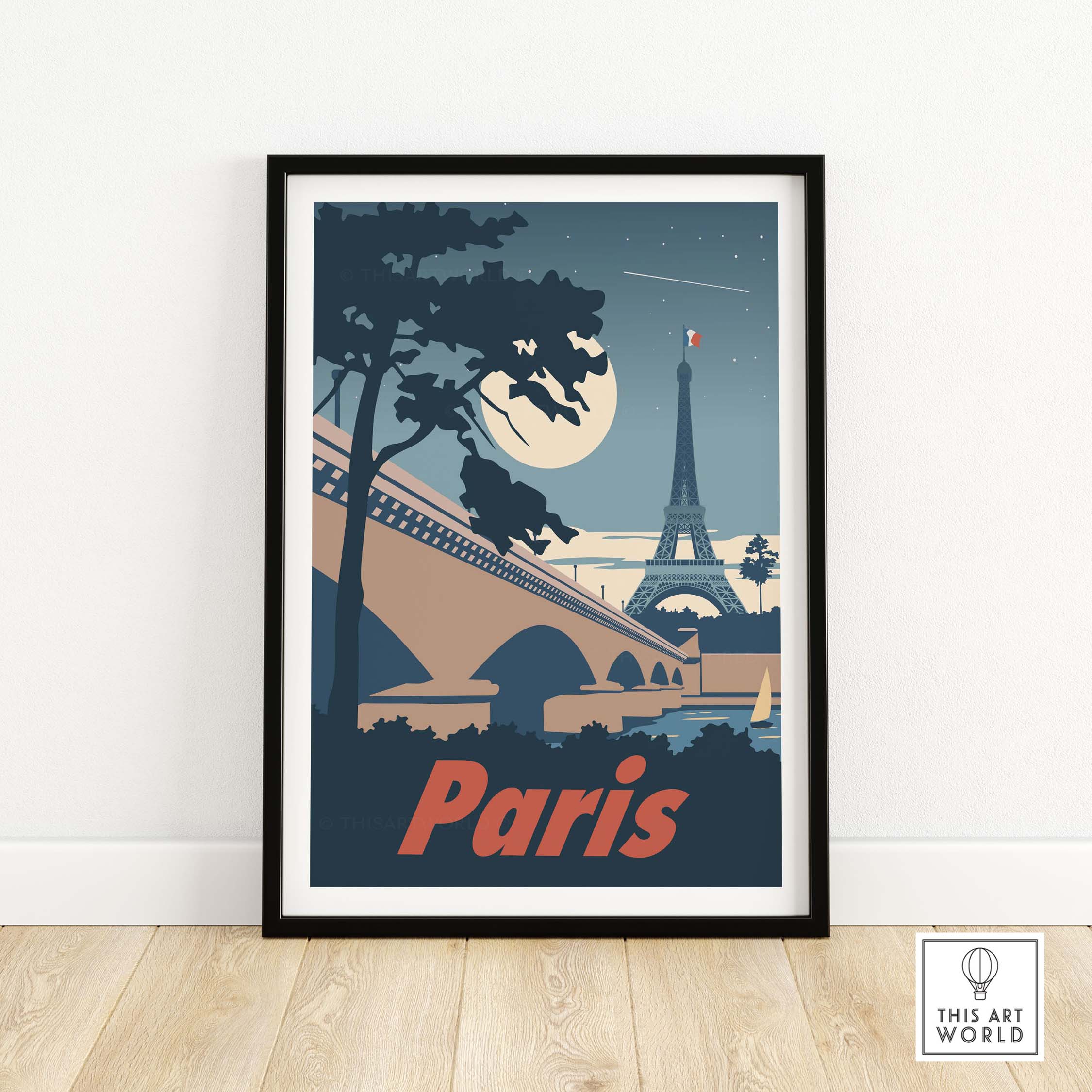 Paris poster wall art print featuring the Eiffel Tower and moonlit sky, perfect for home or office decor.