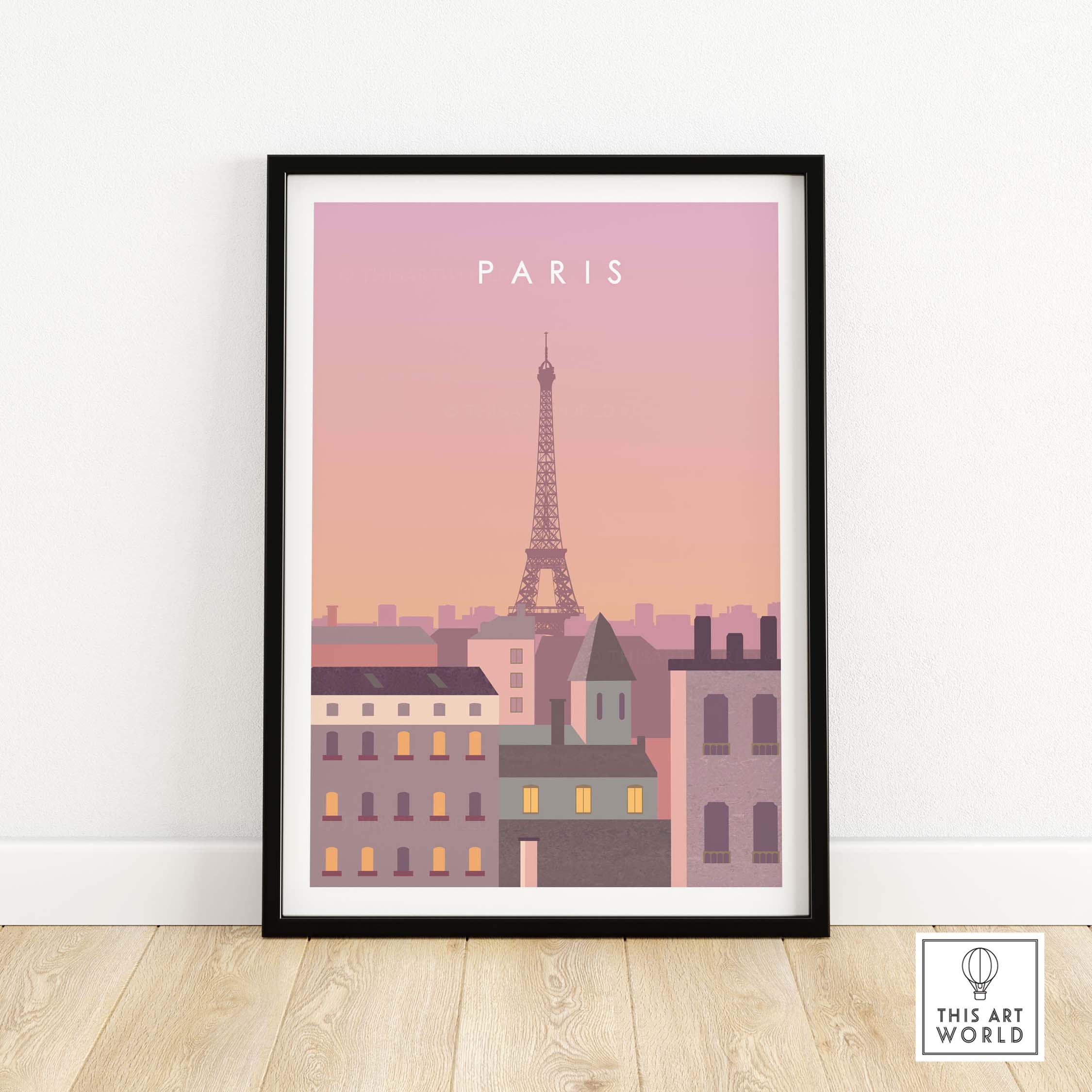Paris Print Wall Art Poster featuring the Eiffel Tower at sunset, framed on a wooden floor, perfect for home decor.