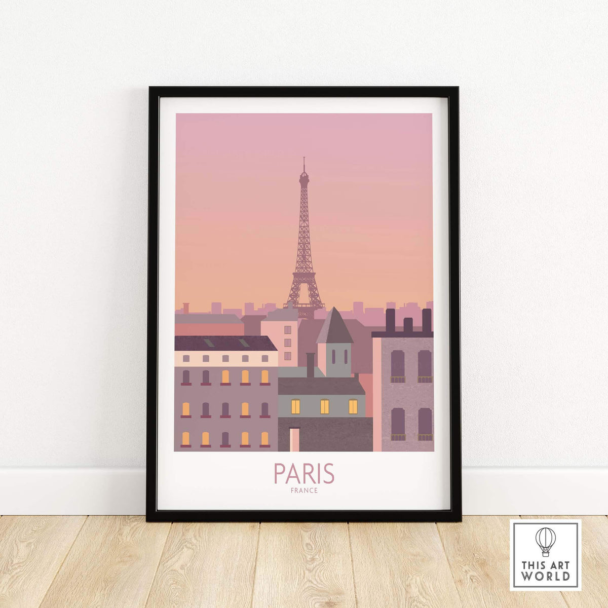 Framed Paris Print Travel Poster featuring the Eiffel Tower at sunset, perfect for home or office decor.