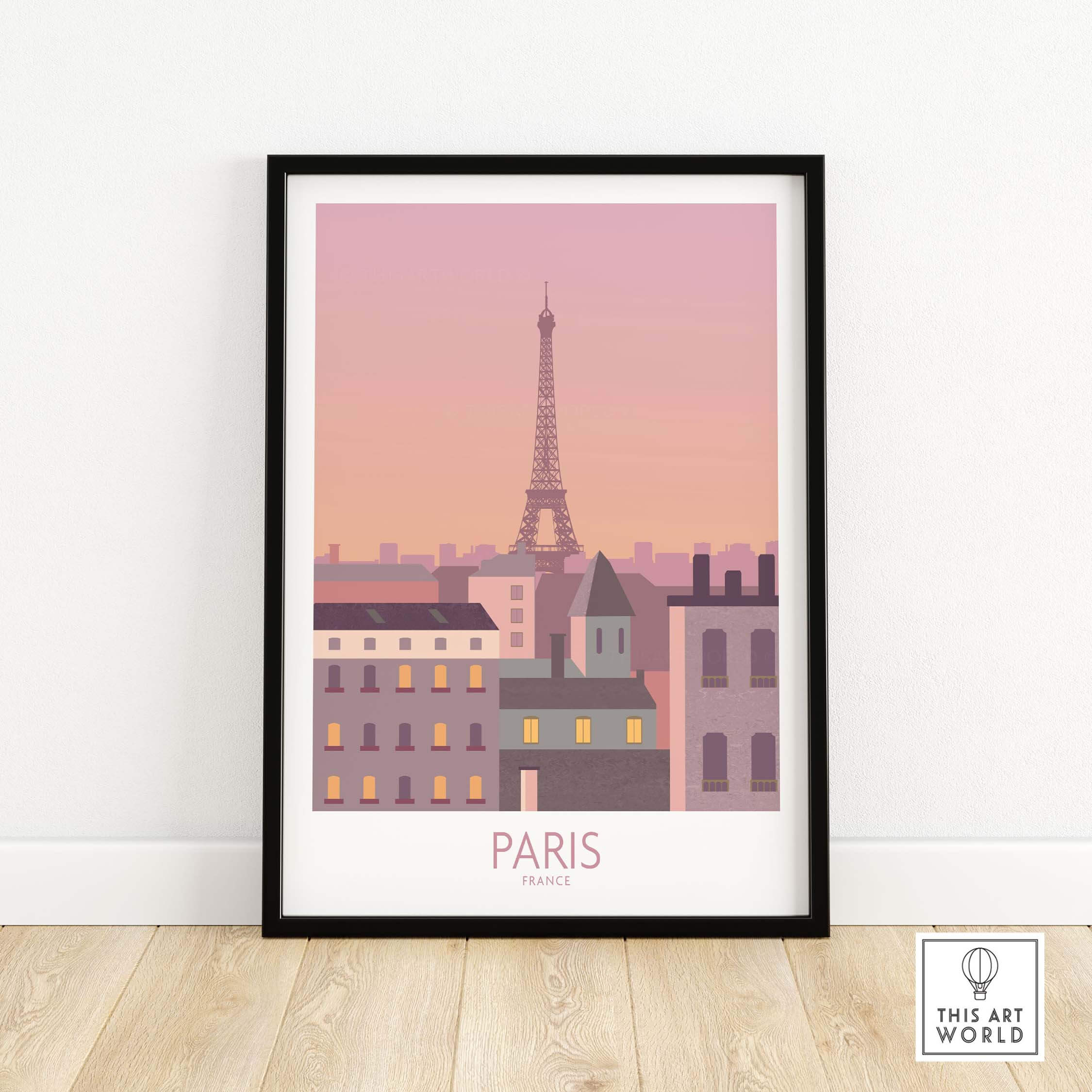 Framed Paris Print Travel Poster featuring the Eiffel Tower at sunset, perfect for home or office decor.