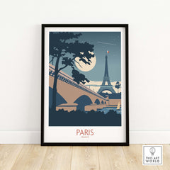 Vintage Paris travel poster featuring the Eiffel Tower and a moonlit background, framed art for home decor.