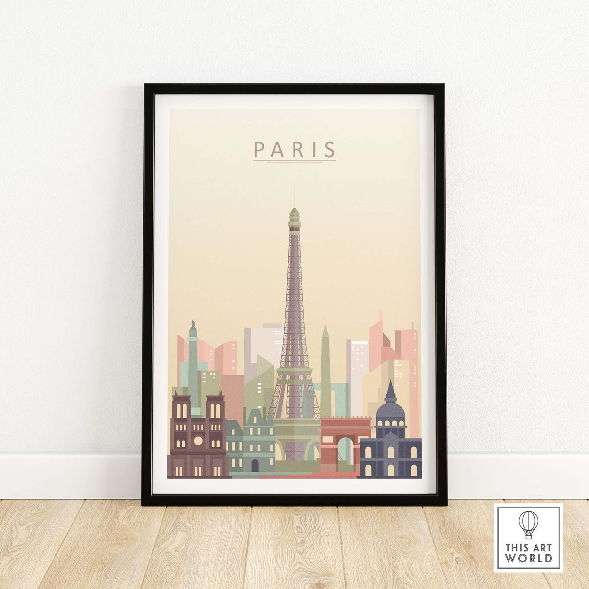 Paris city skyline print featuring Eiffel Tower in pastel tones, perfect for stylish wall art decor.