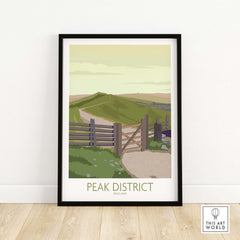 Peak District Art Print framed, showcasing a scenic landscape in England, inspired by vintage travel posters.