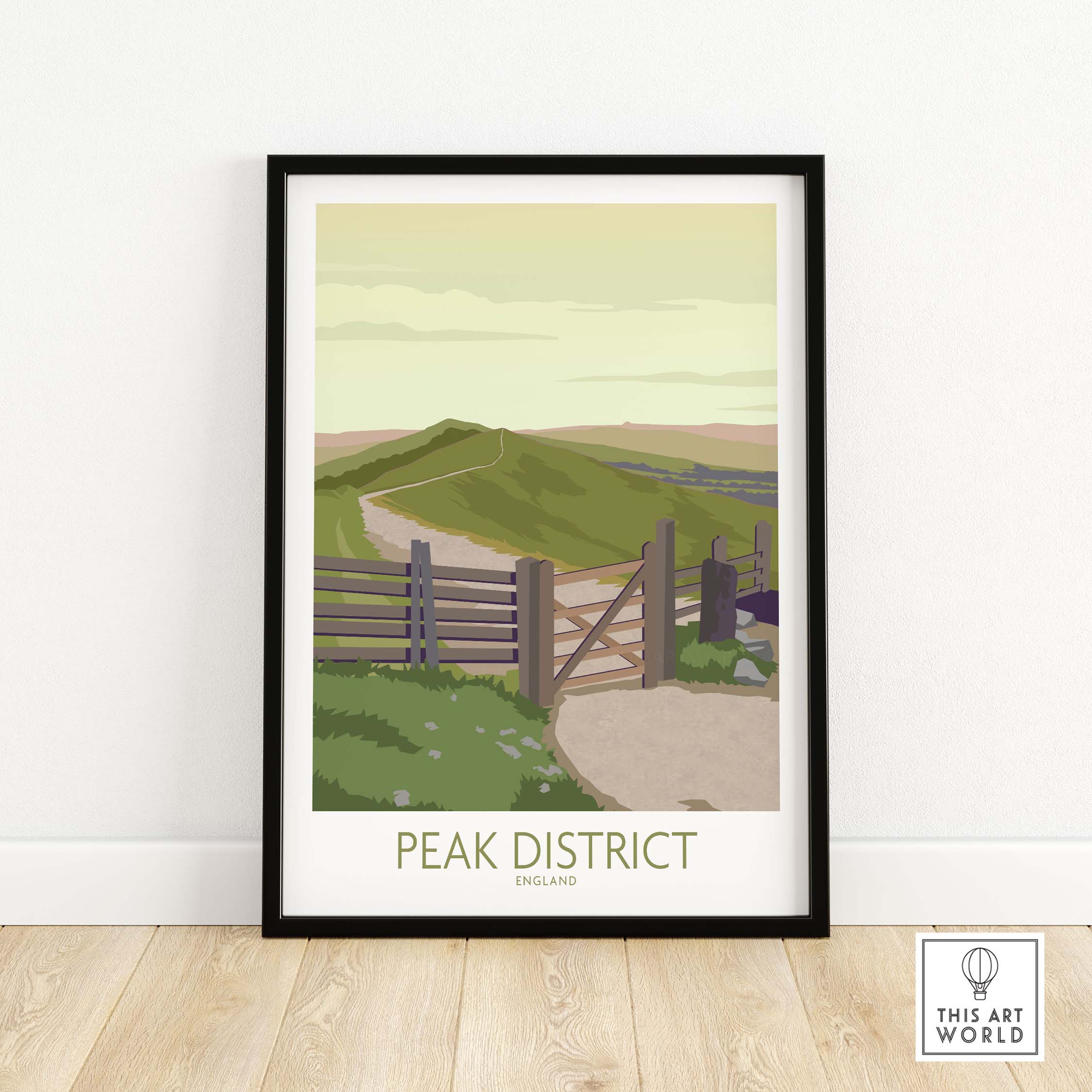Peak District Art Print framed, showcasing a scenic landscape in England, inspired by vintage travel posters.