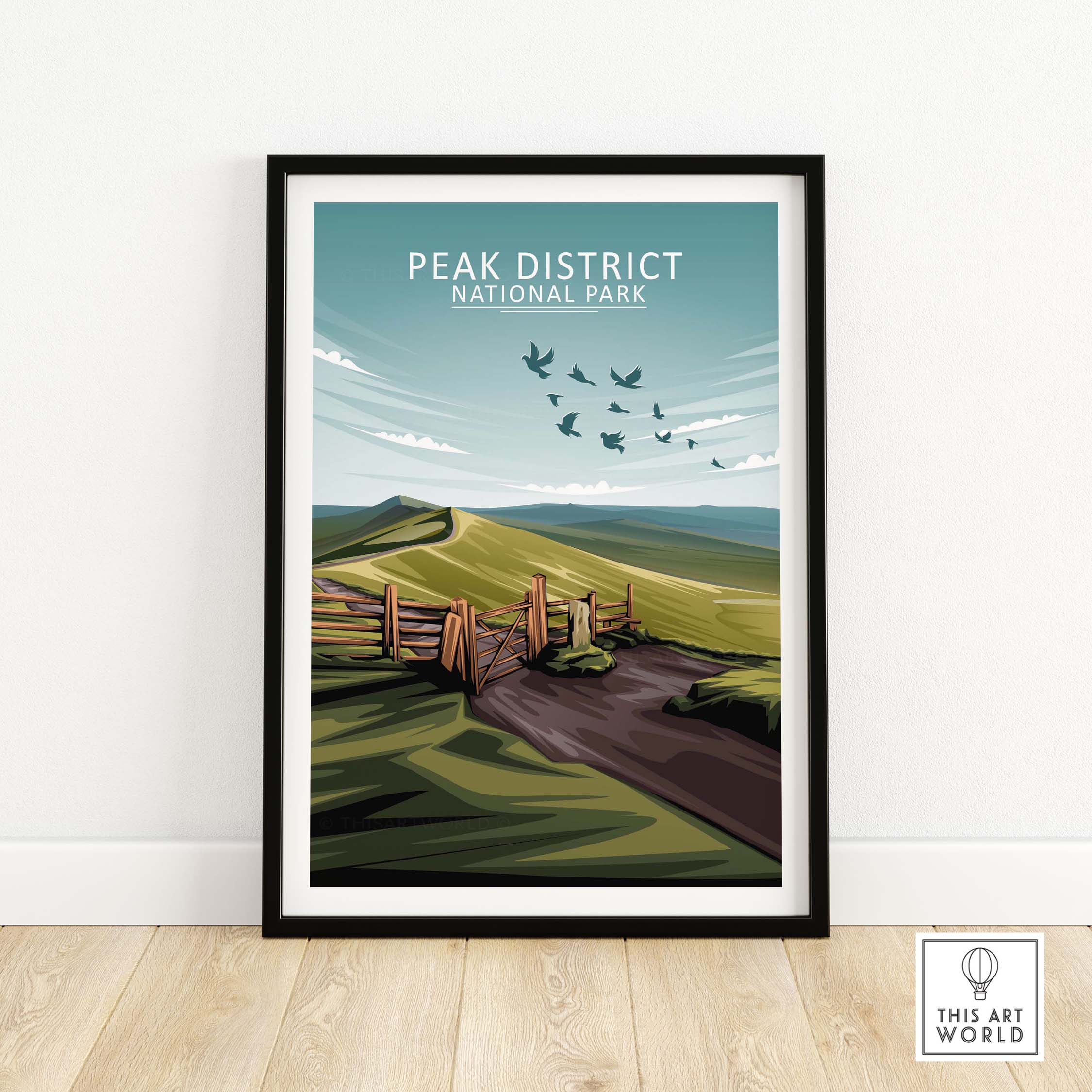 Stylish Peak District National Park poster in a minimalist frame showcasing natural landscapes.