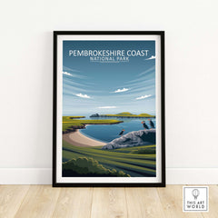 Pembrokeshire Coast National Park poster in a minimalist style, framed artwork showcasing coastal landscape and nature.