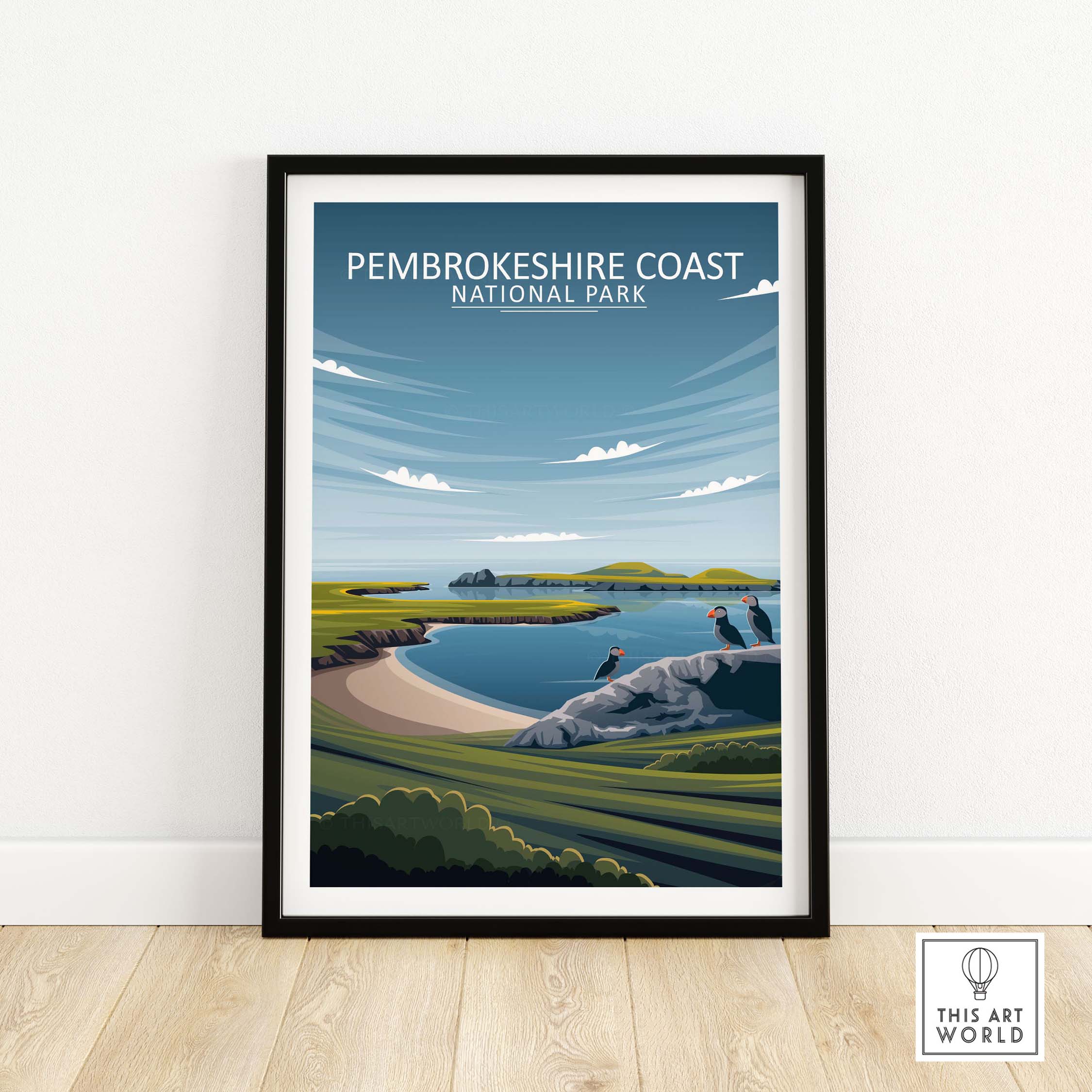 Pembrokeshire Coast National Park poster in a minimalist style, framed artwork showcasing coastal landscape and nature.