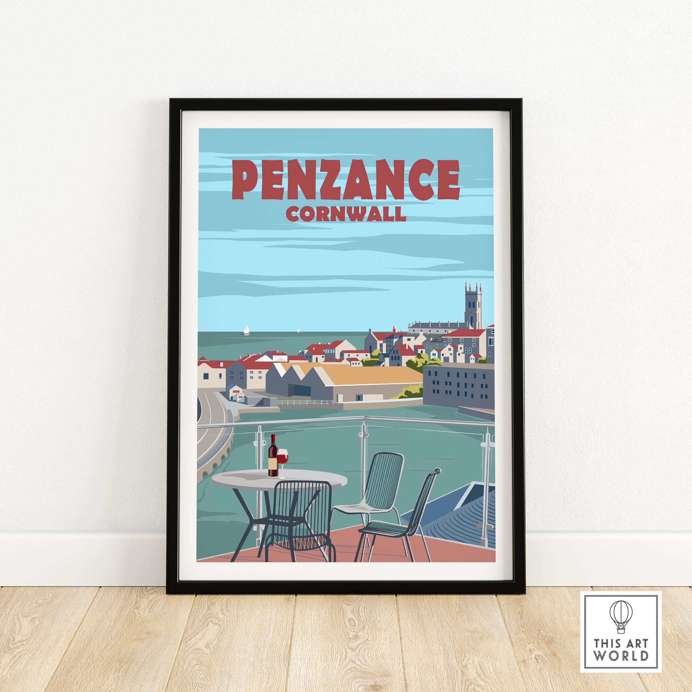 Penzance Cornwall poster print featuring a coastal view and minimalist design, perfect for home or office decor.