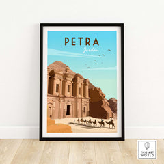 Petra Travel Poster Print featuring the iconic Petra archaeological site in Jordan, minimalist vintage style artwork.