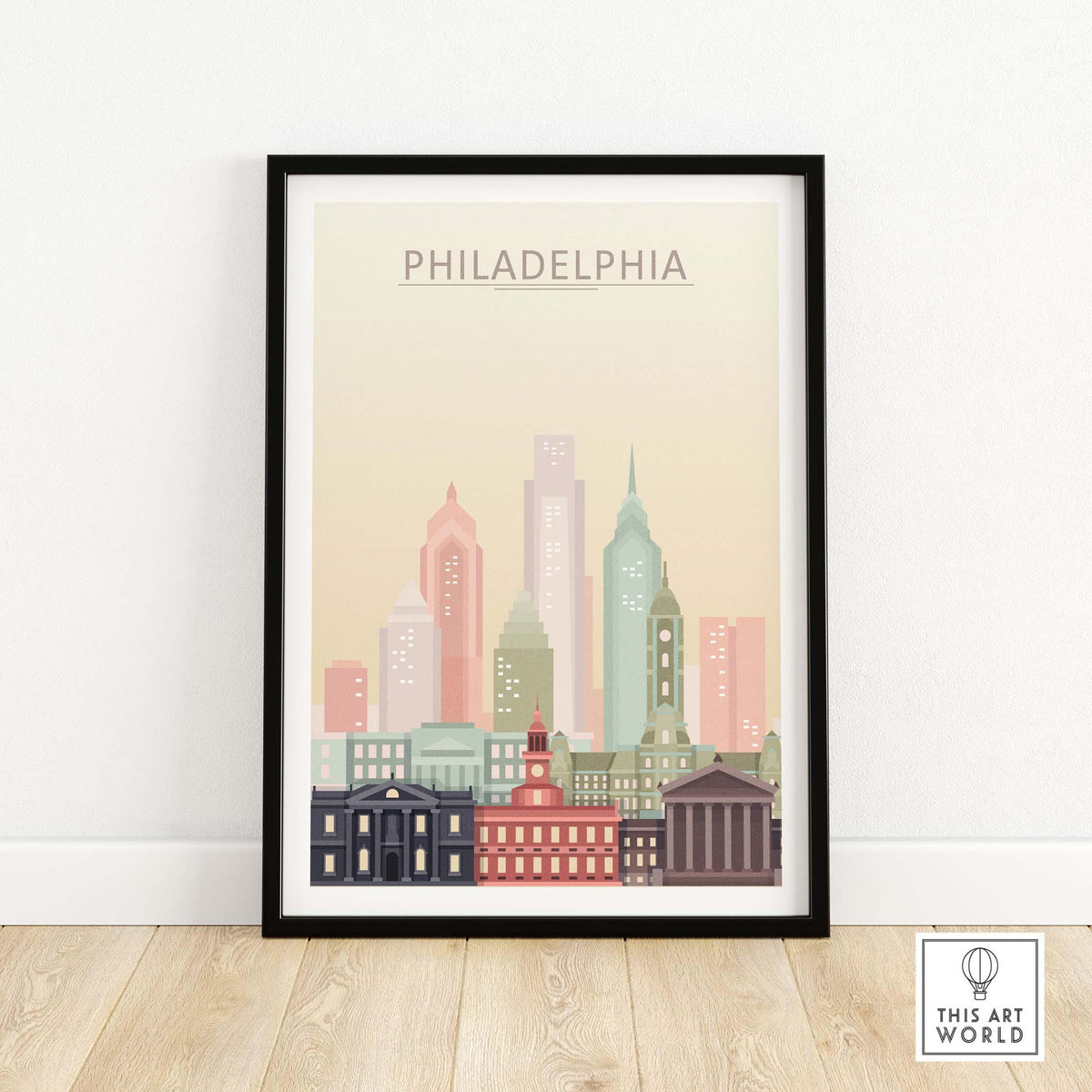 Framed Philadelphia Skyline Poster showcasing iconic buildings in warm pastel tones, perfect for stylish wall decor.