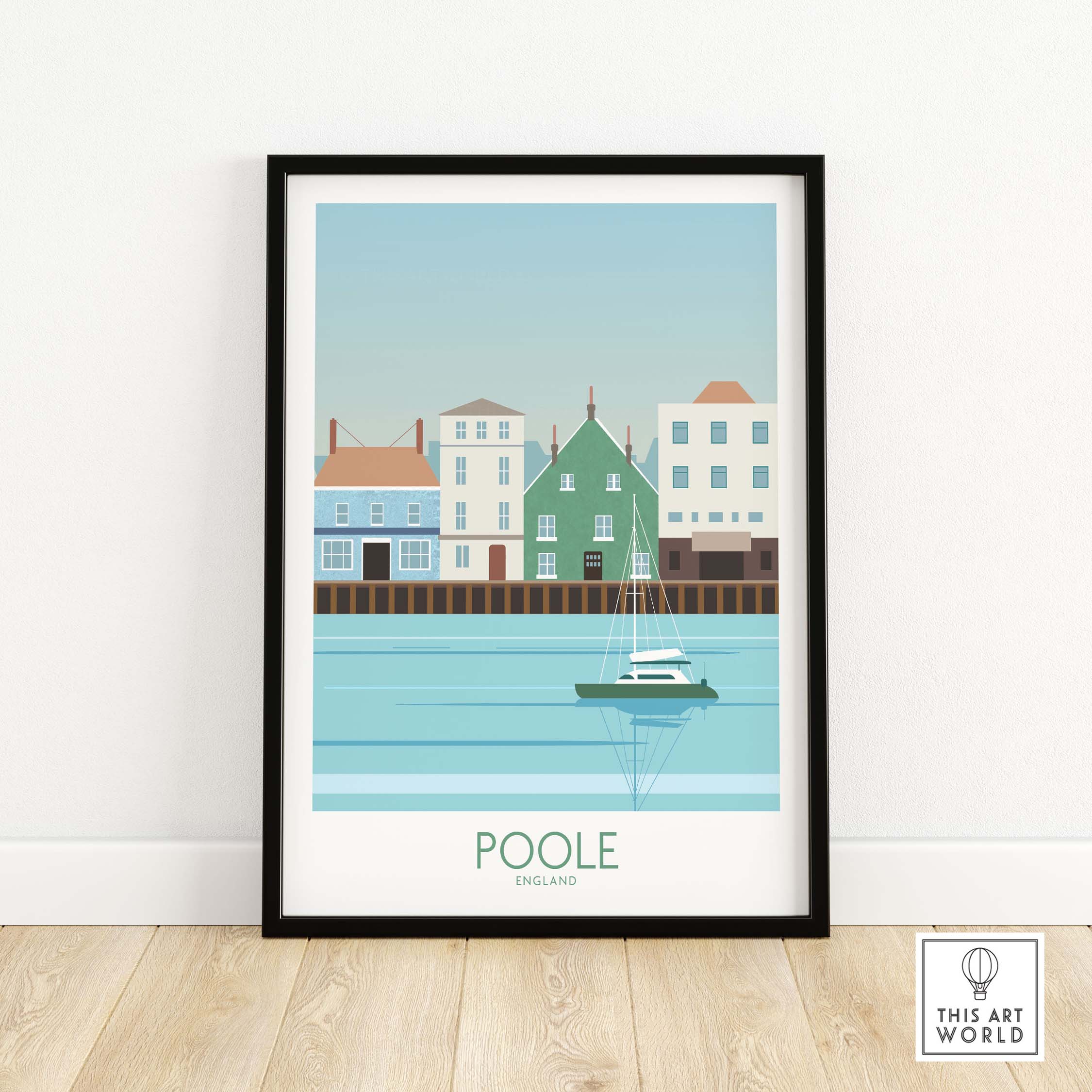 Poole Dorset travel poster print showcasing colorful houses and a boat on calm waters, perfect for home decor.