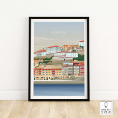 Porto Portugal wall art poster featuring vintage-inspired illustration of colorful buildings and waterfront.