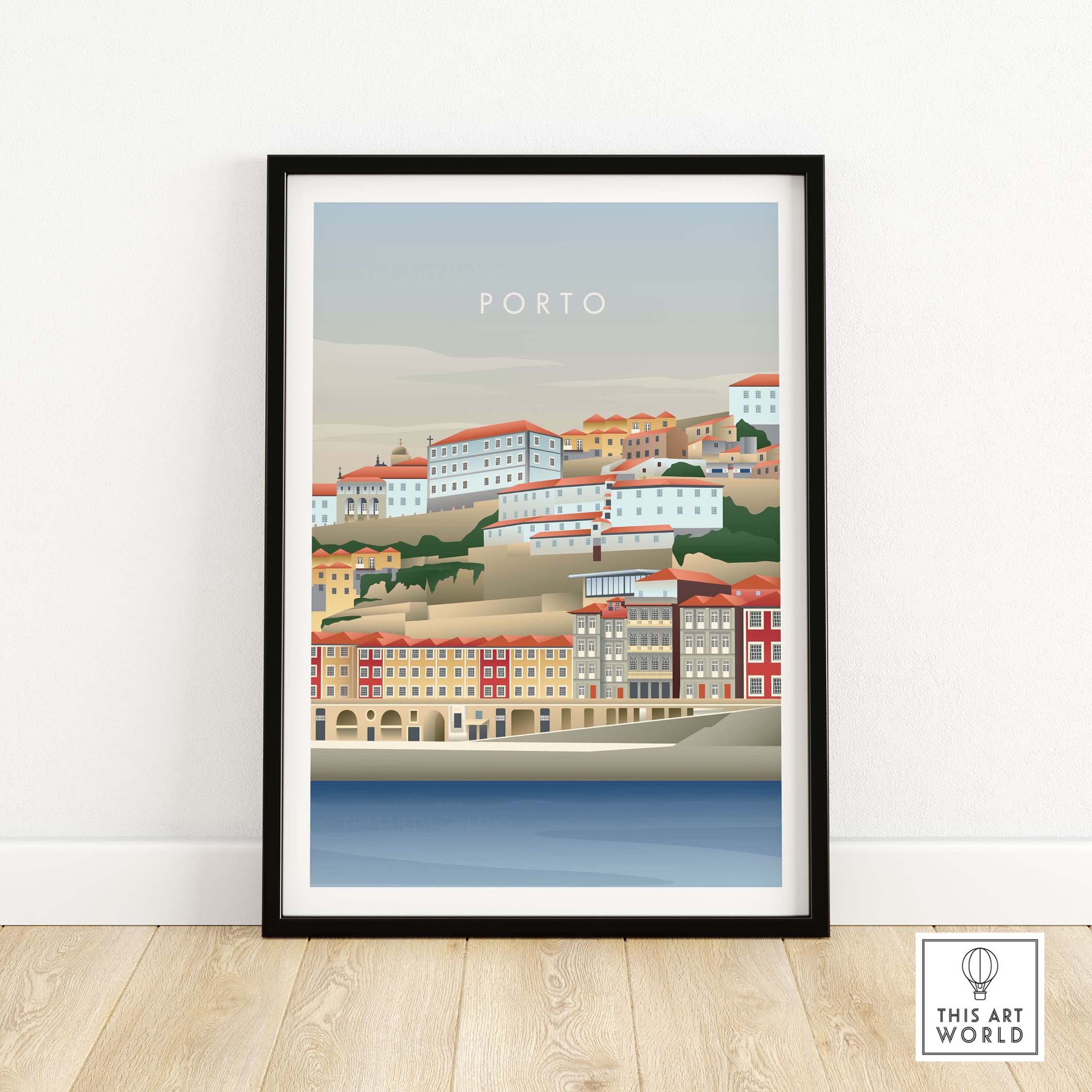Porto Portugal wall art poster featuring vintage-inspired illustration of colorful buildings and waterfront.
