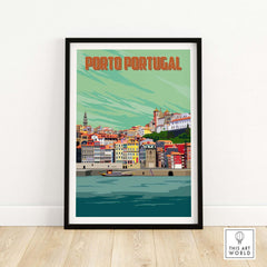 Porto Print Poster Wall Art showcasing vibrant coastal cityscape of Porto, Portugal, framed on a wall.