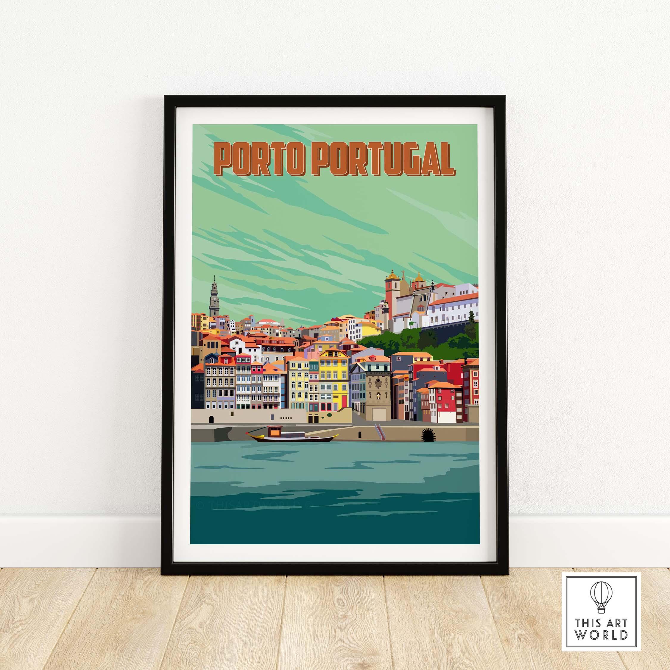 Porto Print Poster Wall Art showcasing vibrant coastal cityscape of Porto, Portugal, framed on a wall.