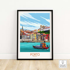 Framed Porto travel poster print showcasing colorful buildings and a river with a boat, perfect for home decor.