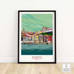 Porto Portugal vintage travel poster artwork framed, featuring colorful cityscape and river view.