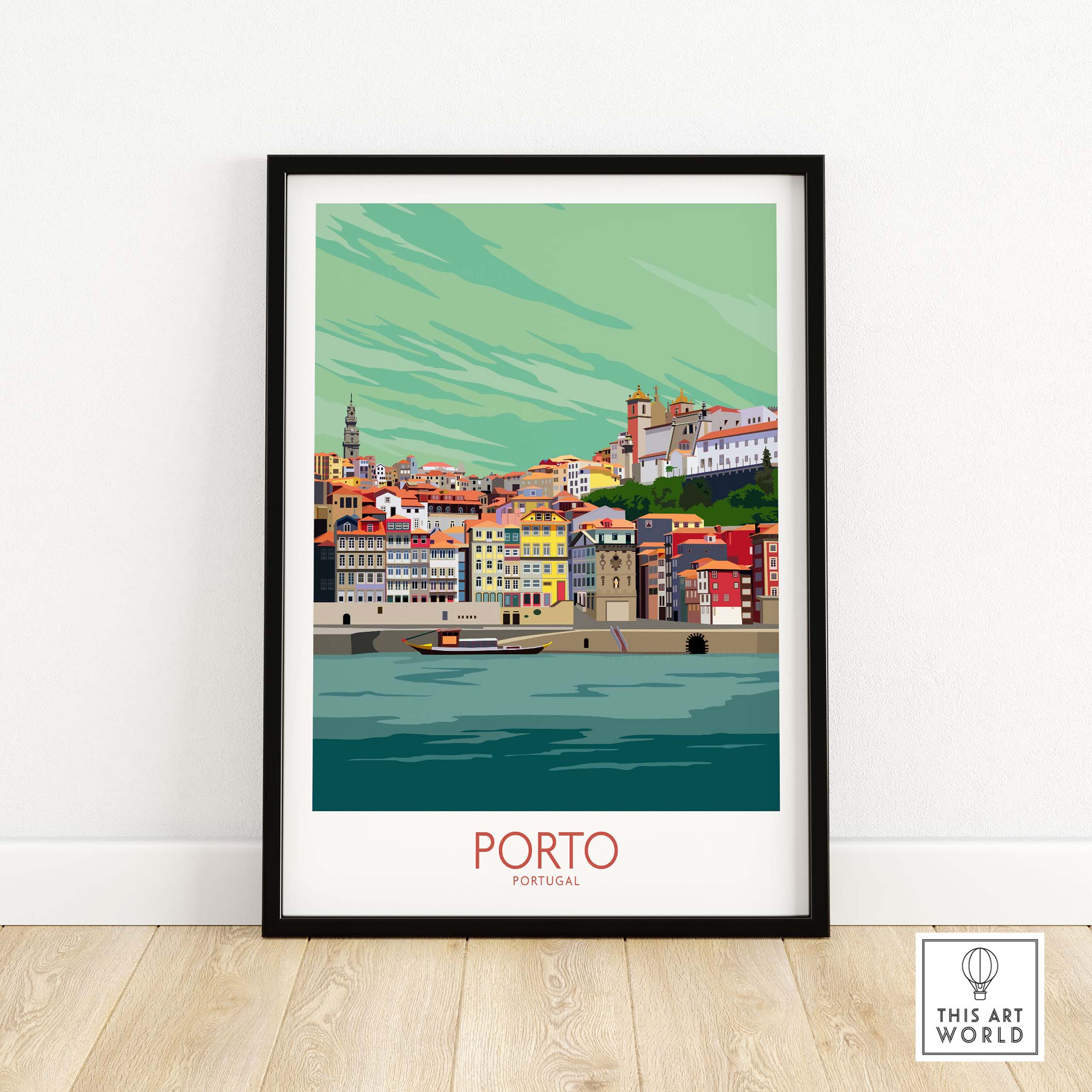 Porto Portugal vintage travel poster artwork framed, featuring colorful cityscape and river view.