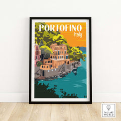 Vintage Portofino print poster wall art showcasing colorful coastal scenery of Italy.