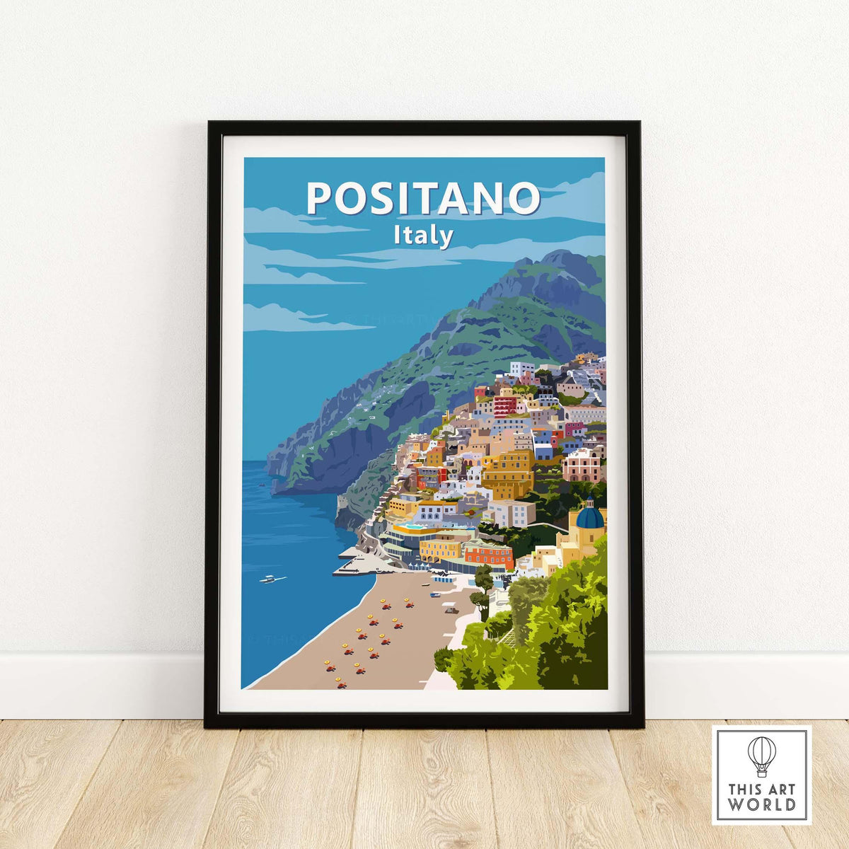 Framed Positano poster print showcasing colorful buildings and coastal view in Italy, perfect for wall art decor.