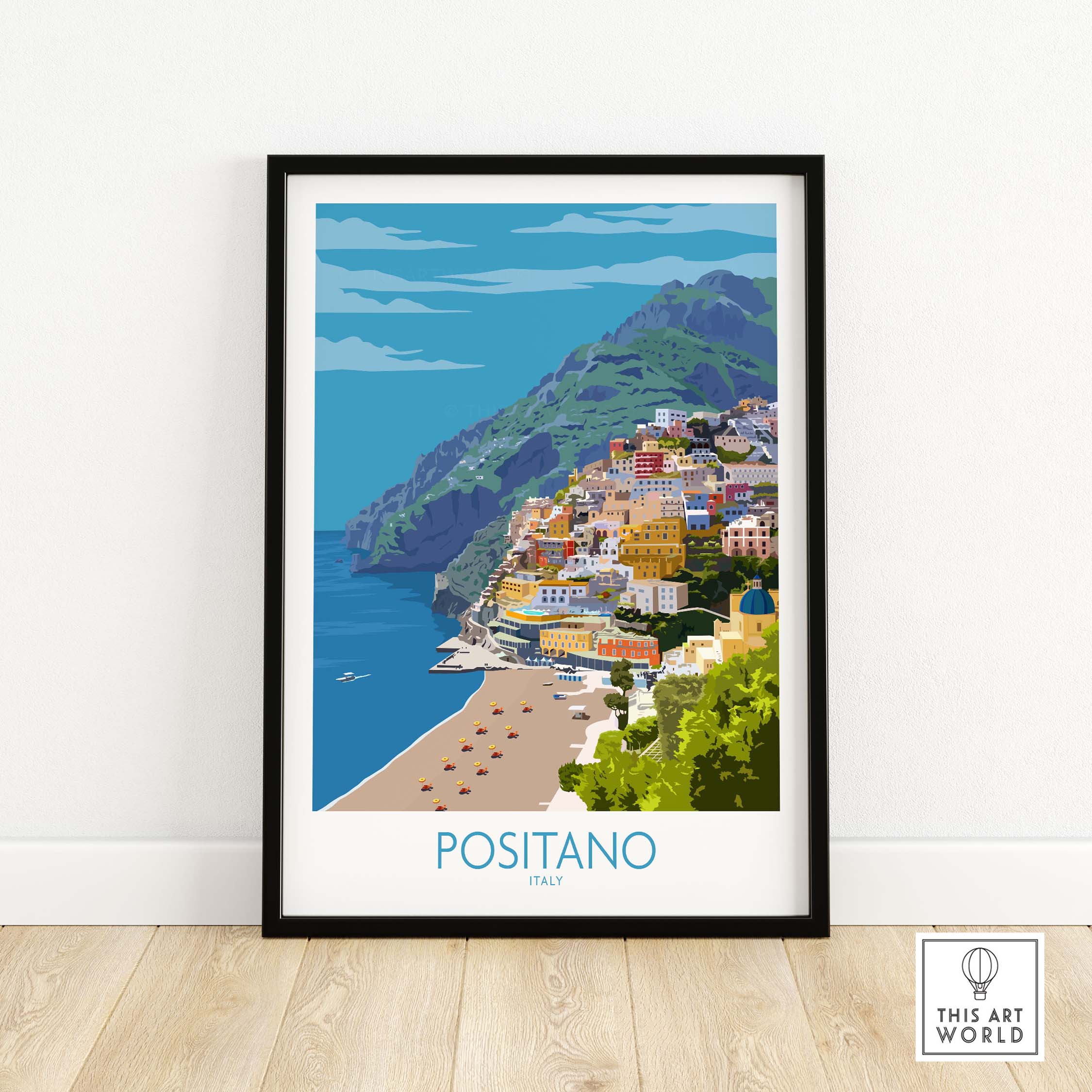 Framed Positano Print Travel Poster featuring colorful Amalfi Coast scenery.