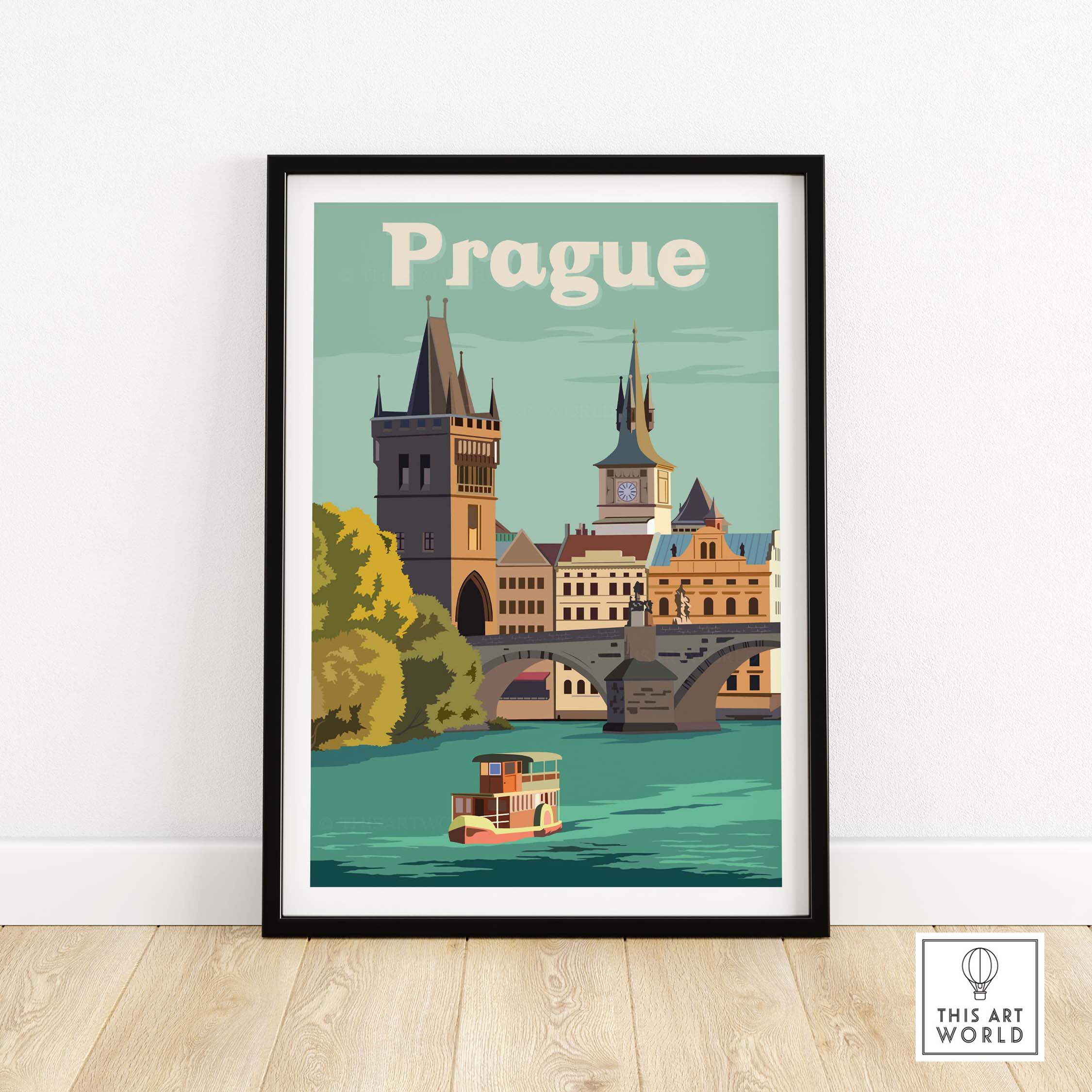 Vintage Prague print poster wall art featuring the iconic Charles Bridge and a boat on the river.