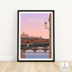 Prague Print Wall Art Poster featuring a sunset view over the city and bridge, perfect for home or office decor.