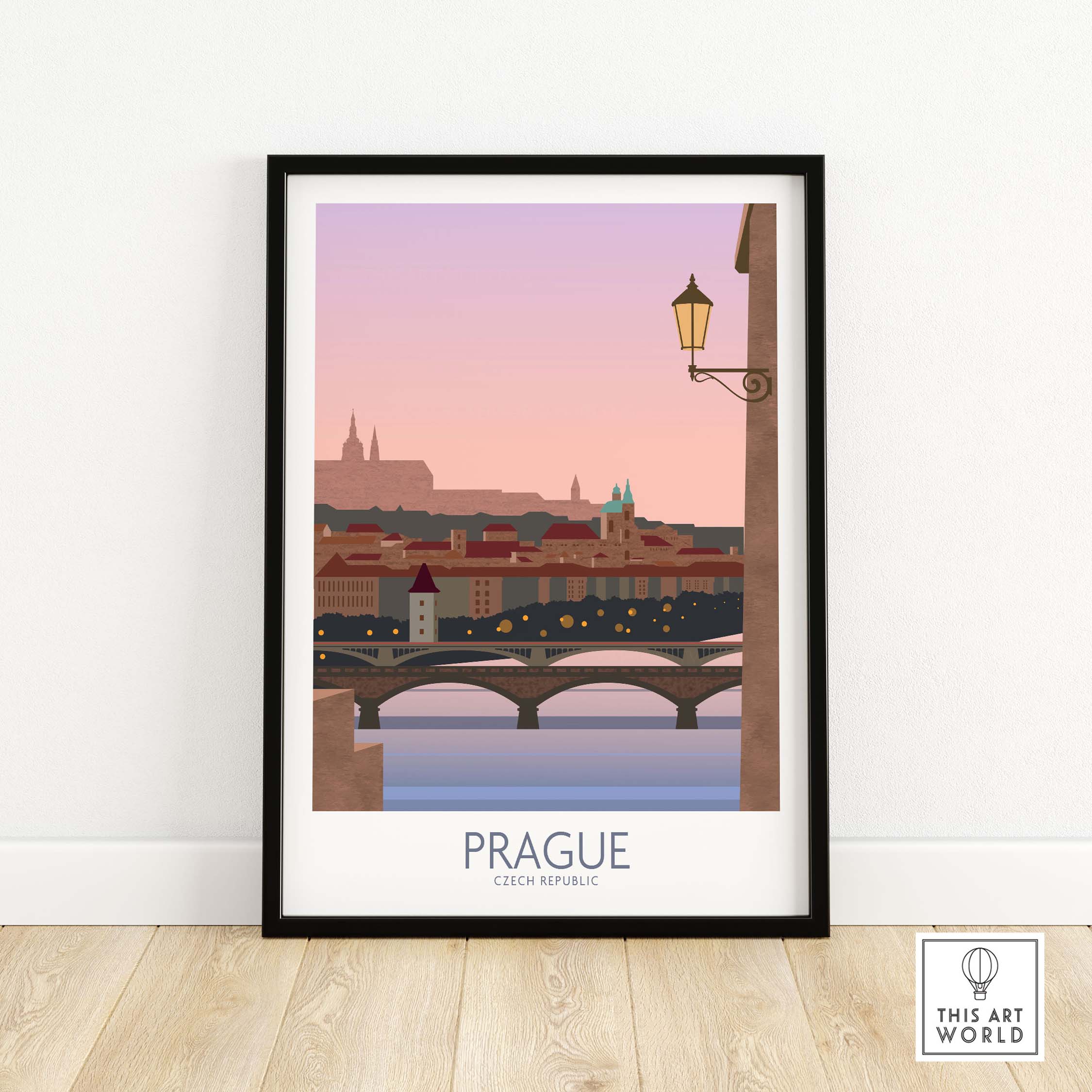 Art print of Prague featuring a bridge and cityscape, perfect for travel enthusiasts and home decor.