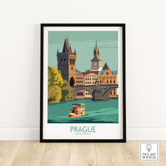 Framed Prague travel poster print featuring historic architecture and river view.