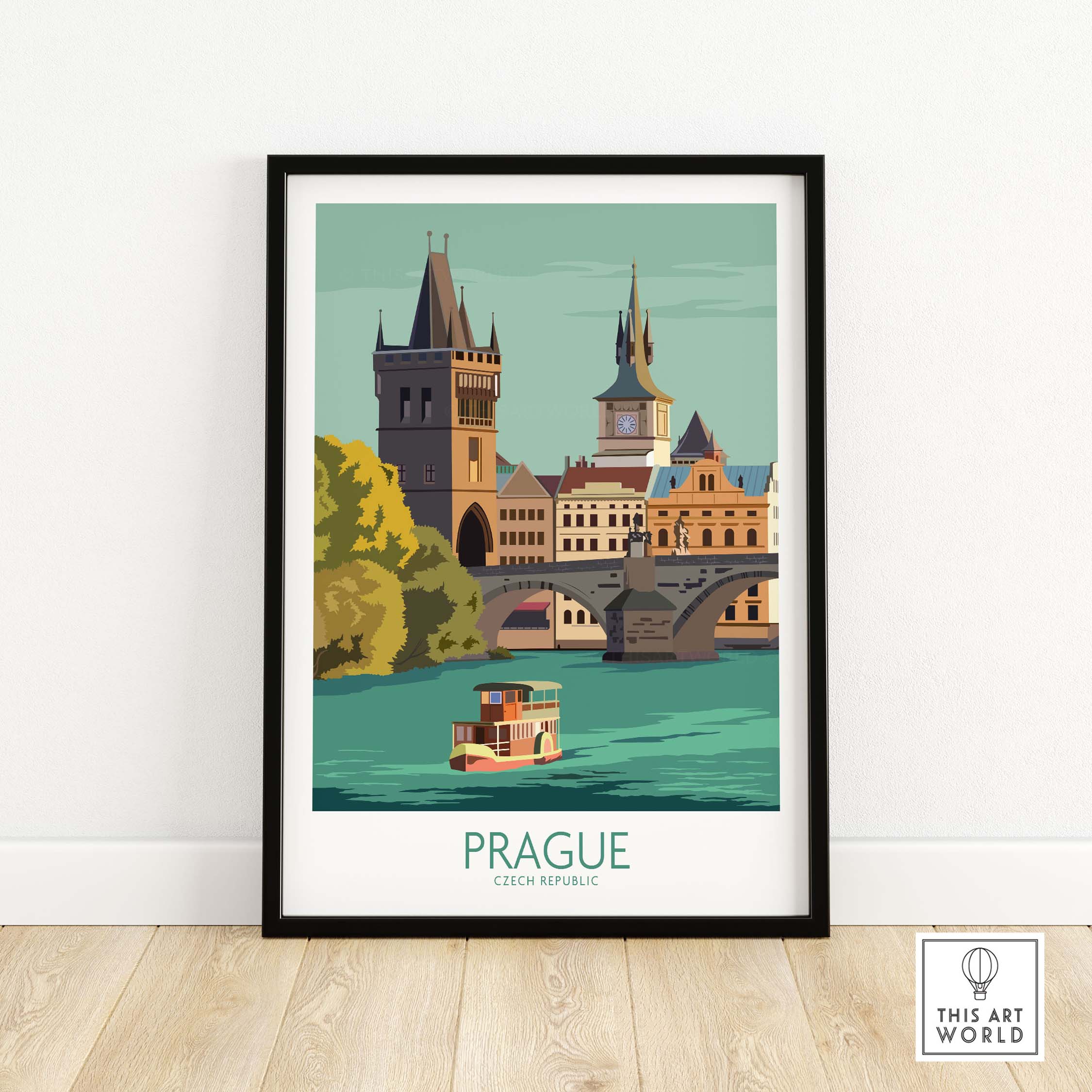 Framed Prague travel poster print featuring historic architecture and river view.