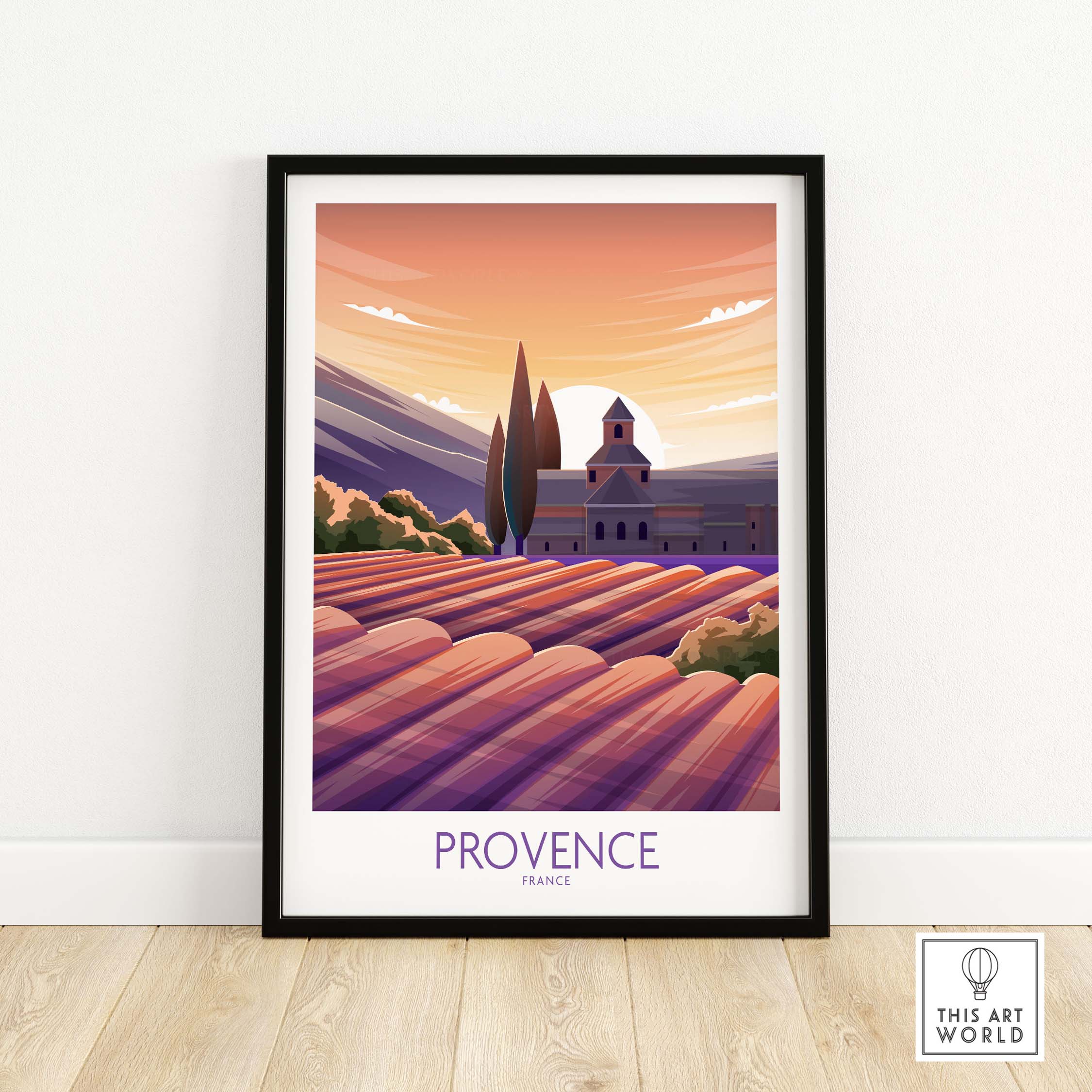 Provence Poster France Travel Print showcasing lavender fields and a rustic building at sunset.