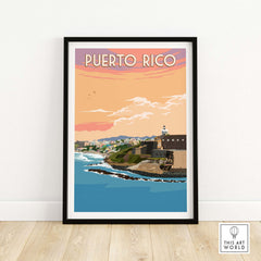 Vintage Puerto Rico wall art featuring San Juan's coastal landscape and vibrant sky, framed for stylish home decor.