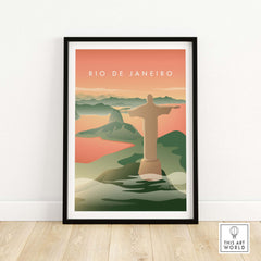 Rio de Janeiro wall art poster featuring the Christ the Redeemer statue in a vintage style, perfect for home decor.