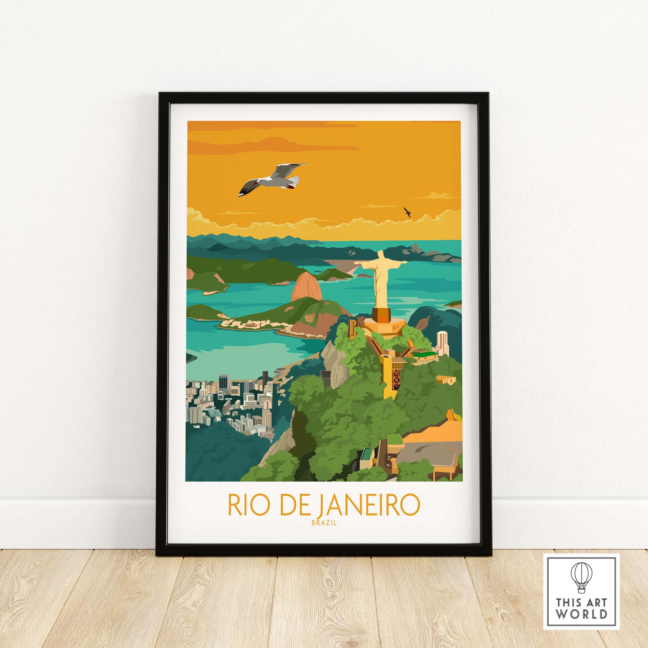 Vintage Rio de Janeiro poster featuring Christ the Redeemer and scenic views in minimalist design.
