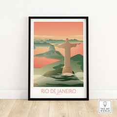 Framed Rio de Janeiro wall art featuring Christ the Redeemer and vintage-style landscape in soft colors.