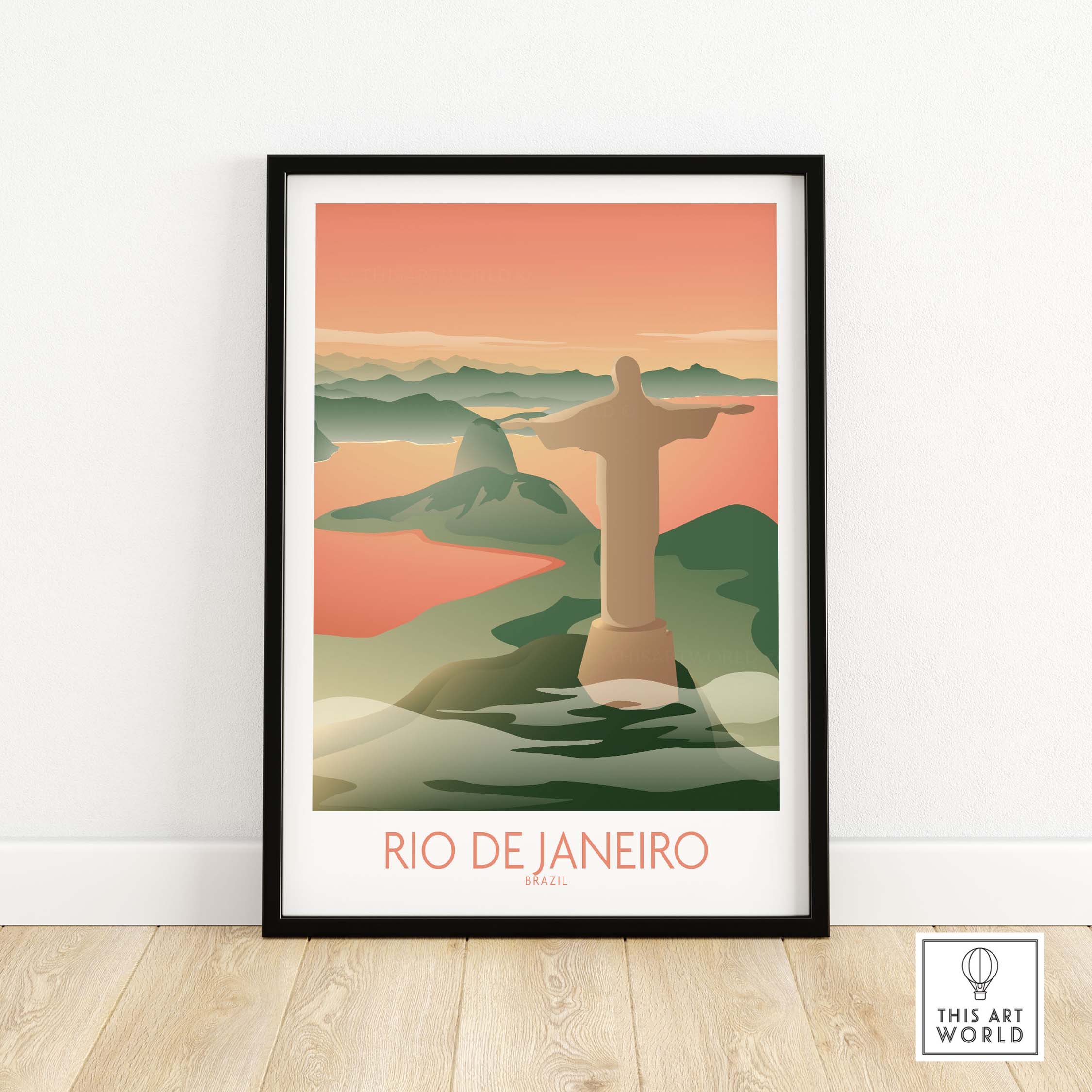 Framed Rio de Janeiro wall art featuring Christ the Redeemer and vintage-style landscape in soft colors.