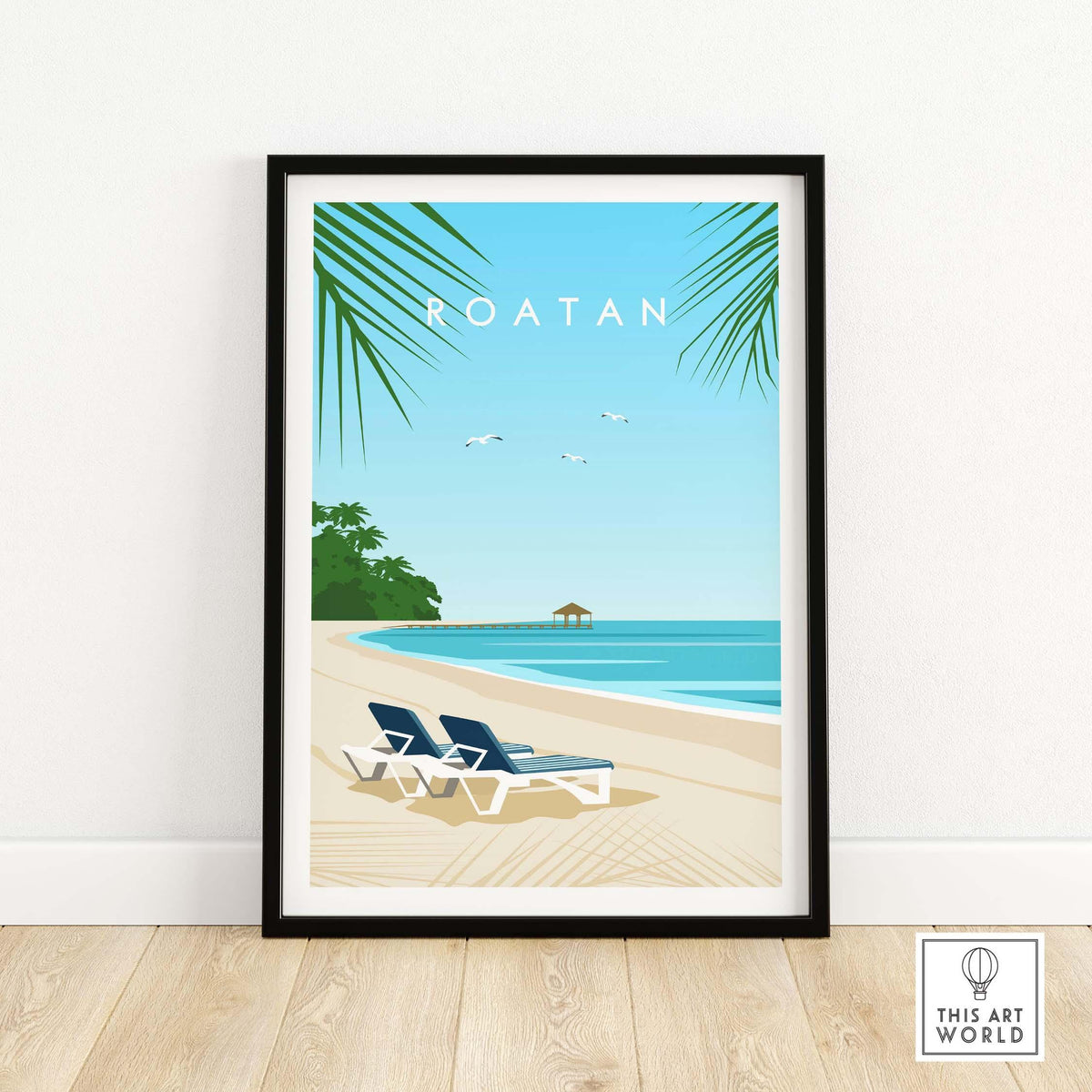 Framed Roatan art print featuring a serene beach with lounge chairs and palm trees, ideal for travel enthusiasts.