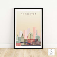 Rochester skyline wall art print featuring iconic buildings in warm pastel tones, framed display perfect for home decor.