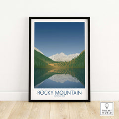 Rocky Mountain National Park art print featuring minimalist design and serene mountain reflection.