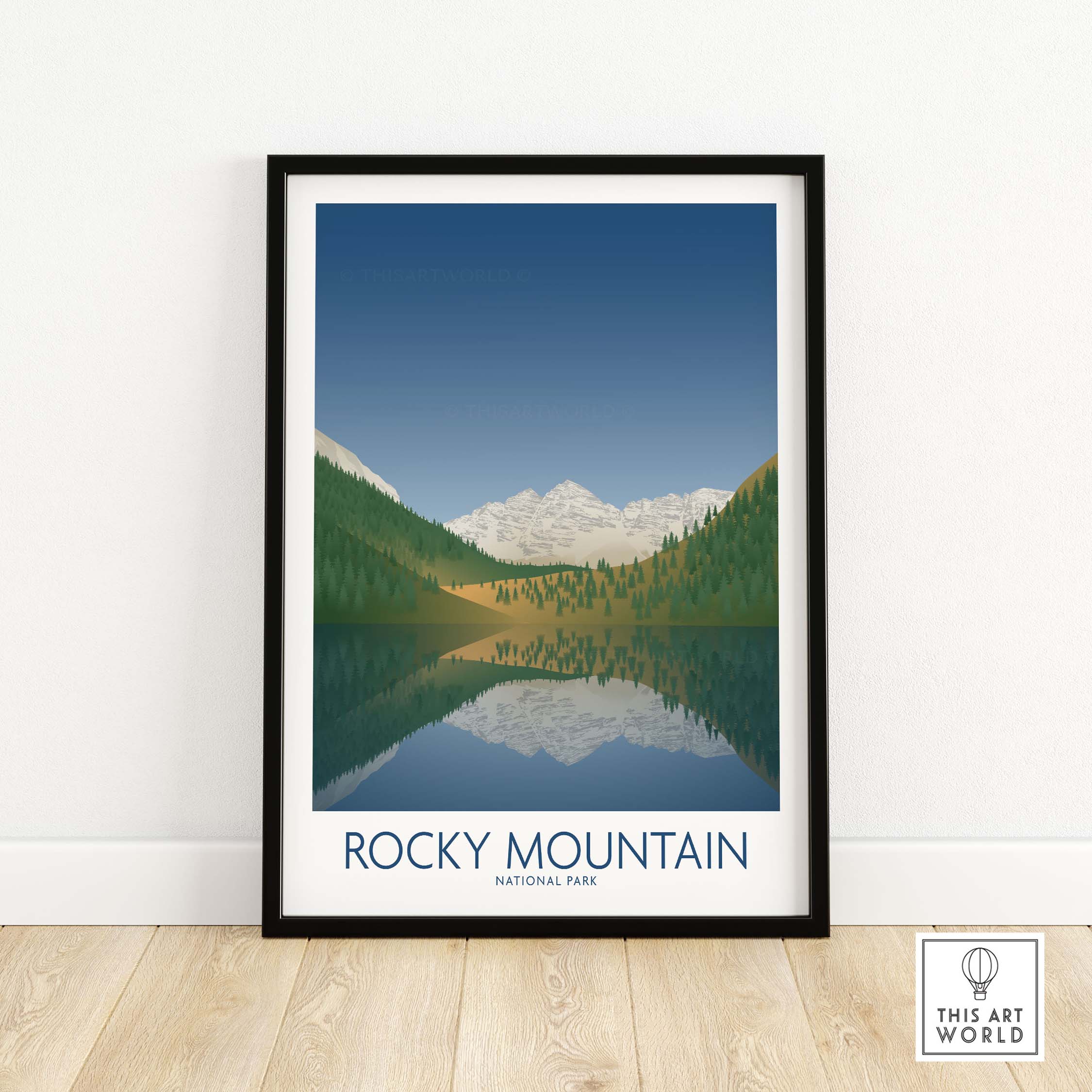 Rocky Mountain National Park art print featuring minimalist design and serene mountain reflection.
