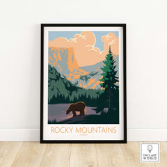 Rocky Mountains Canada poster featuring a bear amidst vintage-inspired landscape art.
