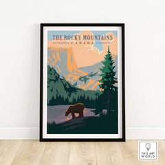 Rocky Mountains Canada vintage print featuring a bear amidst stunning mountain scenery, perfect for home decor.