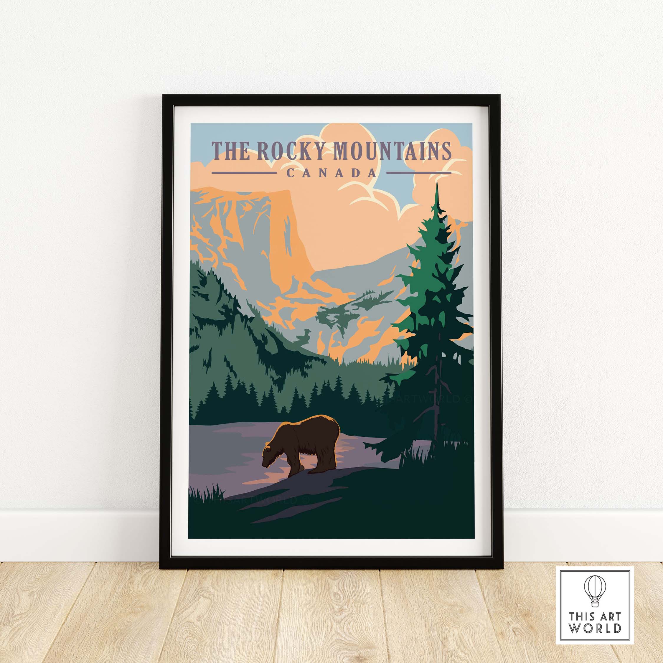 Rocky Mountains Canada vintage print featuring a bear amidst stunning mountain scenery, perfect for home decor.