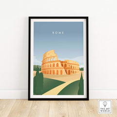 Framed Rome Wall Art Poster featuring the Colosseum and a serene sky, perfect for home or office decor.