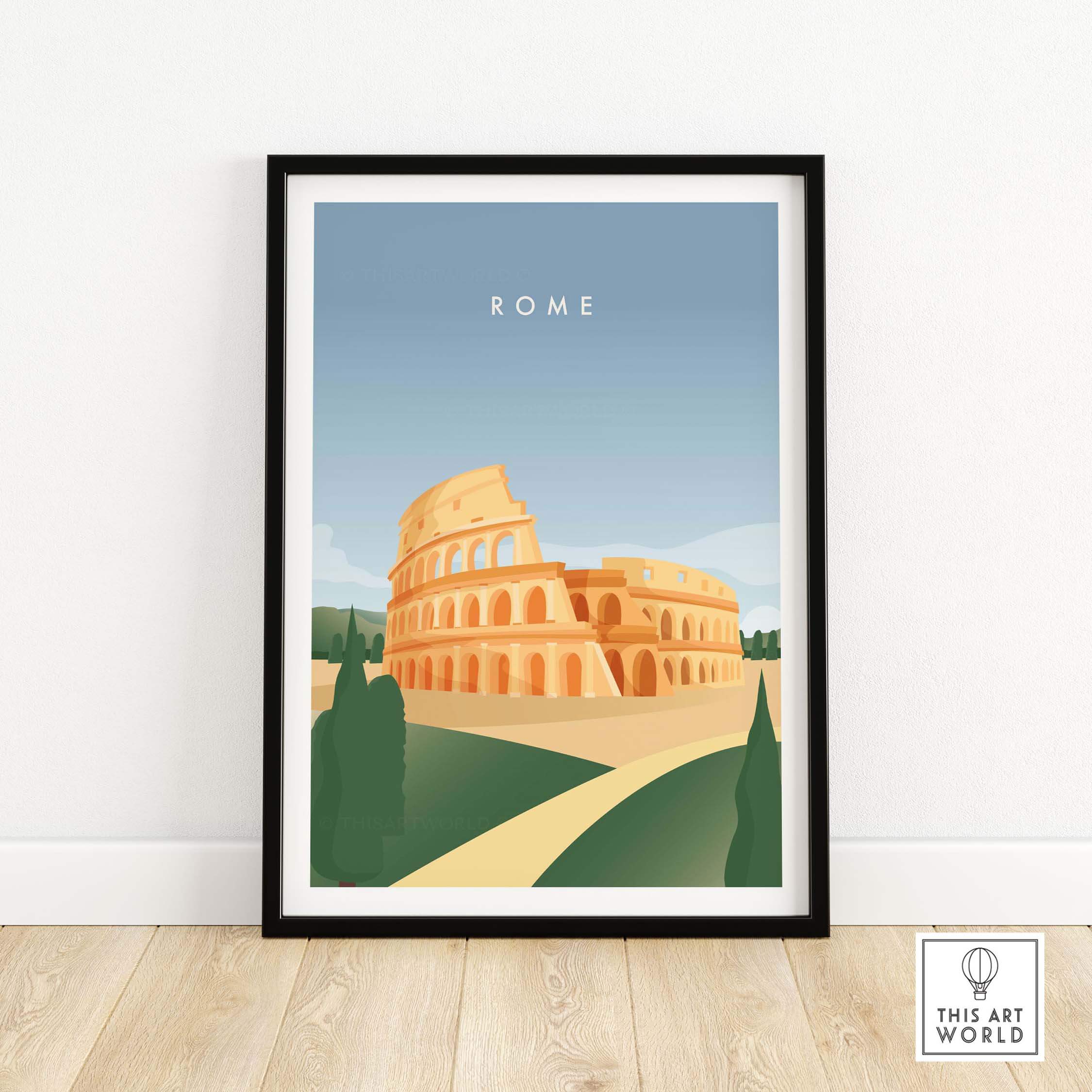 Framed Rome Wall Art Poster featuring the Colosseum and a serene sky, perfect for home or office decor.