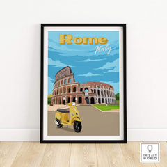 Rome print poster featuring the Colosseum and a yellow scooter, ideal for home or office decor.